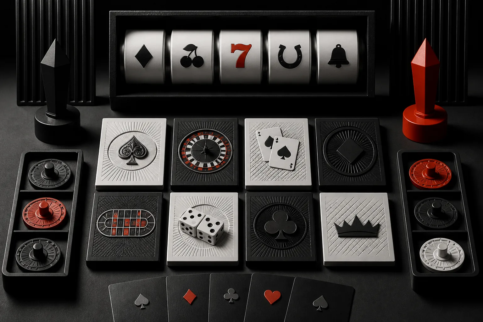 Composição editorial em preto e vermelho com cartas, dados, roleta e símbolos de cassino