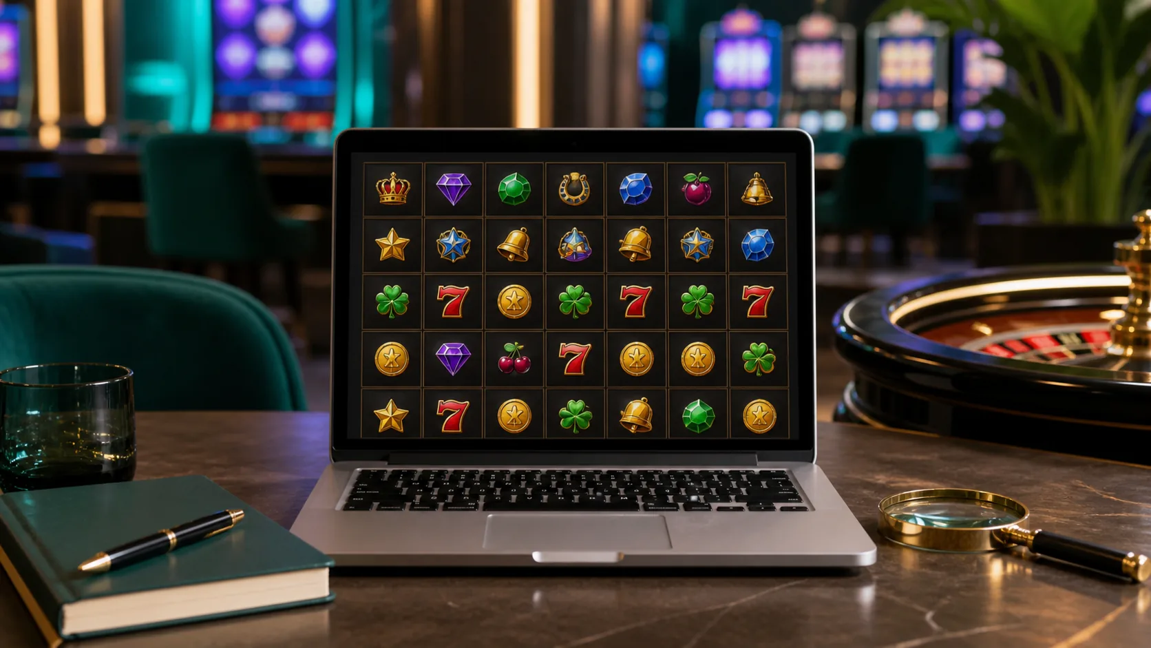 Ambiente editorial de cassino online com jogos em telas